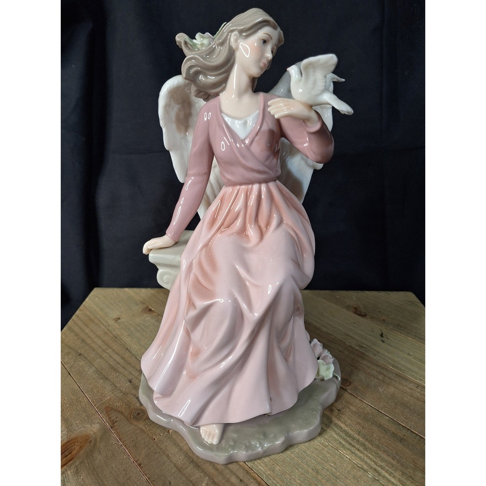 Porcelain Angel Figurine with Dove Pink Gown Glossy Collectible Statue 10.5"